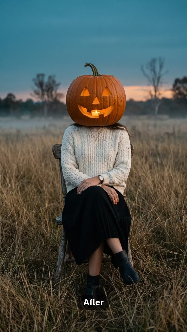 AI Pumpkin Head Photoshoot: The Halloween Trend From One Photo: Make This Meme Video Online